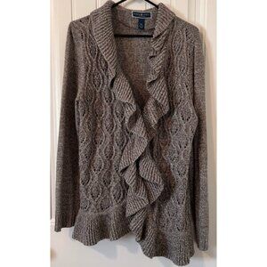 Karen Scott Petite XL Ruffle Cardigan Sweater Beige Marled Knit Cozy Open Front
